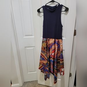 Navy/Multicolored Hankerchief Style Midi-Dress